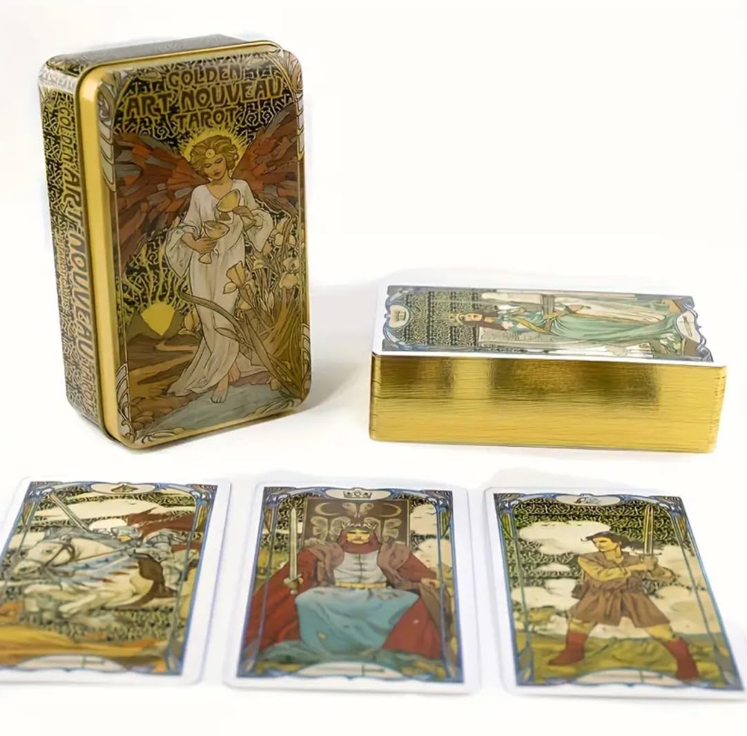 Generico Tarocchi Art Nouveau Dorati, 78 Carte in Stile Rider Waite Smith, Mazzo di Lusso per Divinazione e Collezione