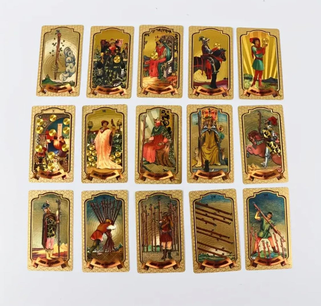Generico Tarocchi Dorati di Lusso, 78 Carte Placcate in Oro, Stile Classico Rider Waite, 12 x 7 cm, Edizione da Collezione