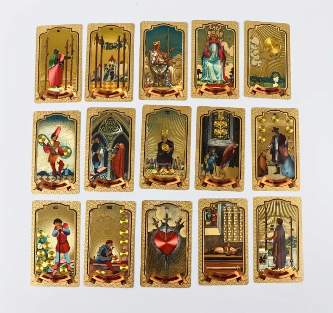 Generico Tarocchi Dorati di Lusso, 78 Carte Placcate in Oro, Stile Classico Rider Waite, 12 x 7 cm, Edizione da Collezione